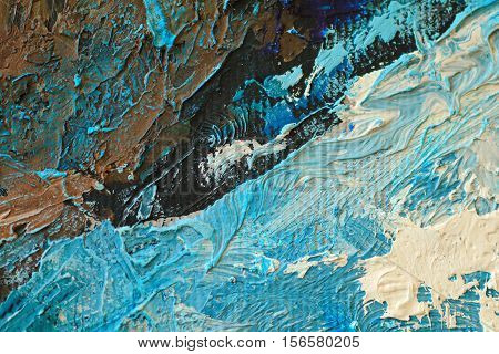 Oil Painting close up texture pallete knife storkes of blue and brown and white color