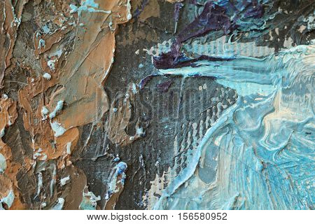 Oil Painting close up texture pallete knife storkes of blue and brown and white color
