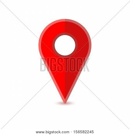 Glossy red flat map pin with shadow isolated on white