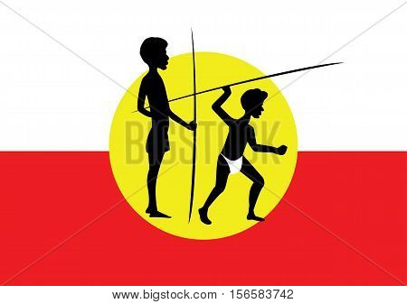 two hunters father and son on a red and white background