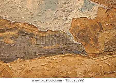 Oil Painting close up texture pallete knife storkes of brown yellow  gray and white color