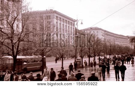 Kiev Ukraine - May 1964: Kreschatik after rain.