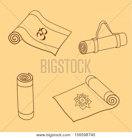 Doodle yoga or fitness mats and sack. Hand drawn set for yoga class or gym. Vector EPS10 illustration.
