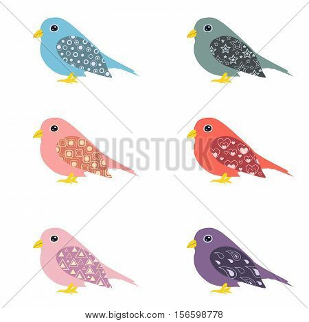 Cute colorful ornamental birds. Isolated set of decorated cartoon birds. Vector EPS10 illustration.