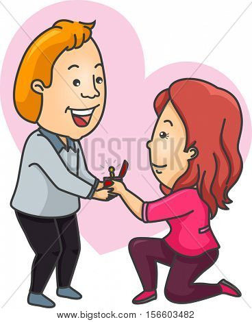 Romantic Illustration of a Woman Offering an Engagement Ring to Her Boyfriend