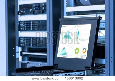 Monitor of monitoring system in data center room with server in rack cabinet
