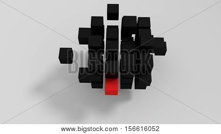Red unique cube among other boxes in 3d space 3d render