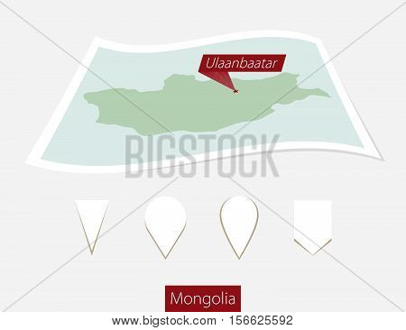 Curved Paper Map Of Mongolia With Capital Ulaanbaatar On Gray Background. Four Different Map Pin Set