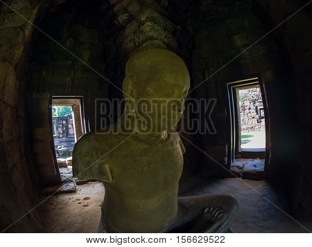 Statue of Jayavarman VII at Phimai historical park. Prasat Hin Phimai Nakhon ratchasima Thailand.