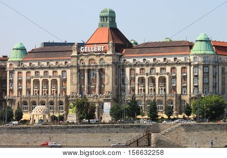 BUDAPEST - JULY 2: Gellert Hotel Palace facade on July 2 2012. The building dates from 1896 when it was built for Hungary's millennium and proceeded to host the most prestigious of events in its banquet and concert halls and indoor tropical gardens
