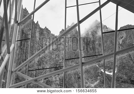 Norway landscape. Troll wall massif mountain. Trollveggen viewpoint. Tourist