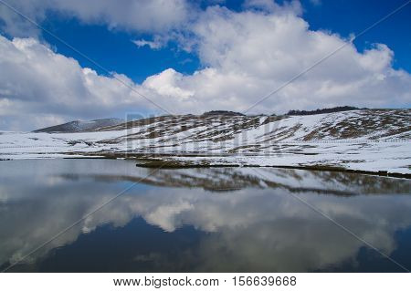 Winter view of Pantani di Accumoli with snow, Lazio
