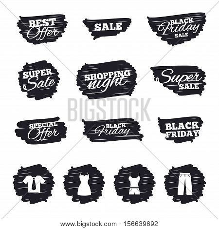 Ink brush sale stripes and banners. Clothes icons. T-shirt with business tie and pants signs. Women dress symbol. Black friday. Ink stroke. Vector