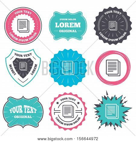 Label and badge templates. Copy file sign icon. Duplicate document symbol. Retro style banners, emblems. Vector