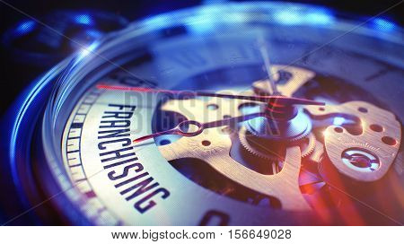 Vintage Pocket Watch Face with Franchising Phrase, Close View of Watch Mechanism. Business Concept. Vintage Effect. 3D.