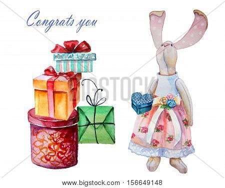 Cute bunny rabbit. Valentines day card. Valentines day card. Watercolor bunny rabbit illustration. Valentine heart. Greeting card for Valentine day. Love you.