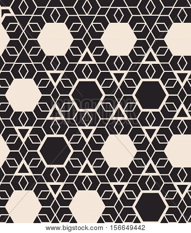 Geometric seamless pattern with hexagon on a triangular grid.Monochrome simple background.Vector illustration