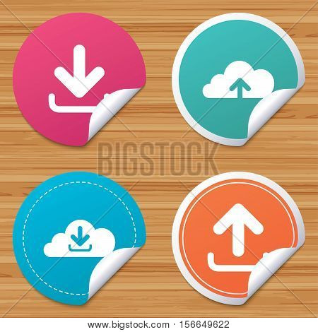 Round stickers or website banners. Download now icon. Upload from cloud symbols. Receive data from a remote storage signs. Circle badges with bended corner. Vector