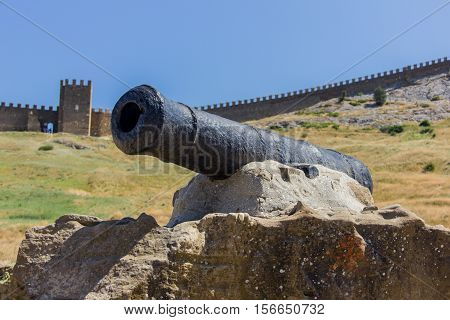 Old cannon on the background of the fortress. Medieval fortress.