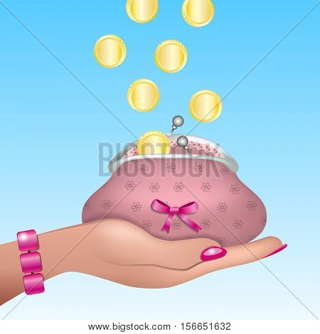 Woman hand with pink nails and bracelet holding cute retro purse with pink bow. Gold coins raining into the purse. Vector EPS10 realistic illustration.