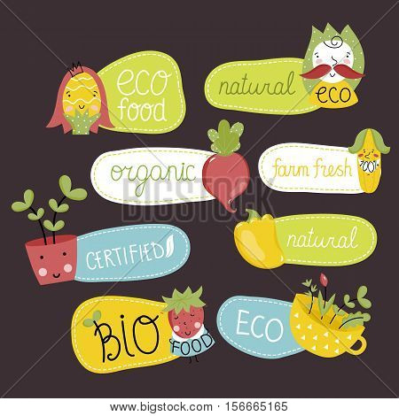 Eco and bio food labels set isolated on perpl background. Natural products stickers with beet, cabbage, peppers, corn and strawberries cartoon characters. Eco friendly products. Vegetarian food diet
