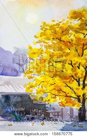 Painting landscape watercolor original colorful of golden tree leafs with wooden house and sky background