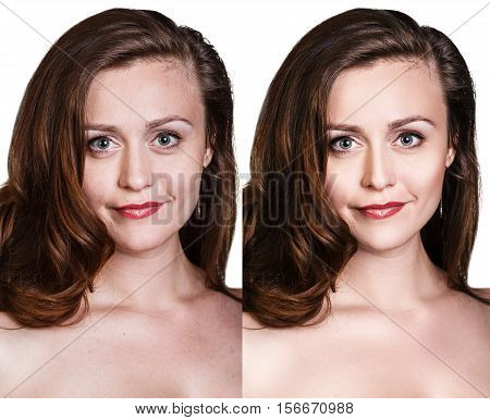 Comparison portrait of young woman before and after retouch