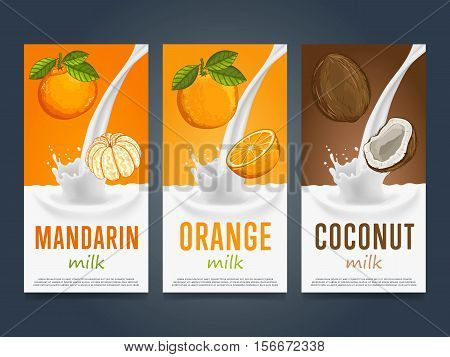 Milkshake concept with milk splash and fruit vector illustration. Milk dessert, yogurt, fruit mix, cocktail drink, fruit smoothie with mandarin, orange, coconut packaging template. Dairy product.