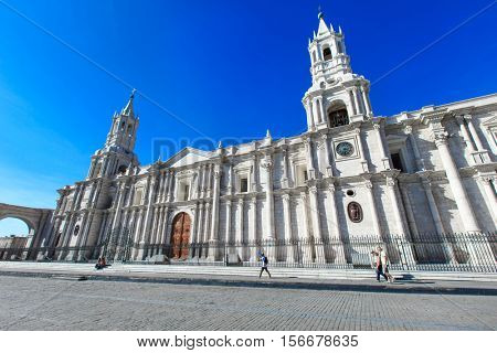 AREQUIPA PERU NOVEMBER 9: Main square of Arequipa with church on november 9  2015 in Arequipa Peru. Arequipa's Plaza de Armas is one of the most beautiful in Peru.