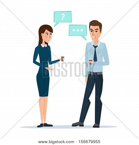 Smiling business colleagues drinking coffee and talking. Coffee time, break and relaxation. Modern Business concept. Vector illustration isolated on white background in flat style.