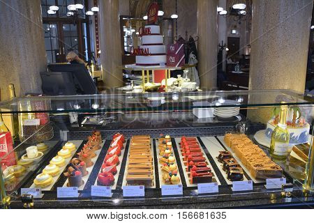 VIENNA AUSTRIA - MAY 3 2016: Cakes display in Cafe Central the old traditional cafeteria that was a meeting place of famous Viennese people