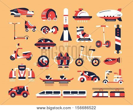 Means of transport - set of modern vector flat design icons and pictograms. Road, air, futuristic, etro, rocket, train, vehicle, electric car, skateboard, hoverboard scooter bicycle airship