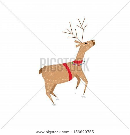 Christmas festive deer isolated on white. Cute and simple cartoon character. Usefull for winter holidays design. Vector