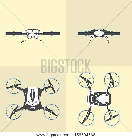 Different views of drone on isolated background. Top, bottom, front and side view.