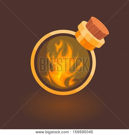 Fire in the bottle for games. Magic bottle with fire isolated on dark brown background.