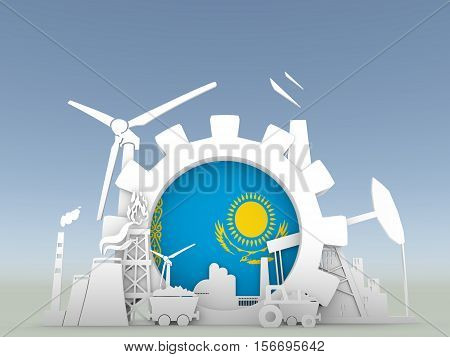 Energy and Power icons set with Kazakhstan flag. Sustainable energy generation and heavy industry. 3D rendering. Blue sky backdrop