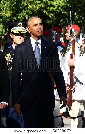 Us President Barack Obama Reviews The Presidential Guard In Athens.