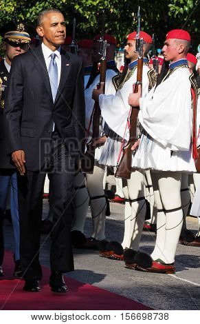 Us President Barack Obama Reviews The Presidential Guard In Athens.