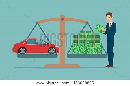 Man collects money for a car and weighs in the balance. Business cartoon concept. Vector creative color illustrations flat design in flat modern style.