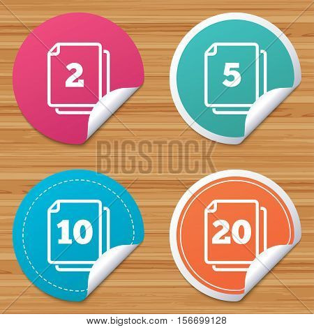 Round stickers or website banners. In pack sheets icons. Quantity per package symbols. 2, 5, 10 and 20 paper units in the pack signs. Circle badges with bended corner. Vector