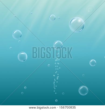 Deep sea with bubbles, sprays and shiny rays underwater. Blue realistic vector EPS10 background.