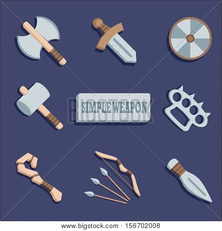 Cartoon simple metal weapon for mobile game, Weapon icons set isolated on dark blue background.