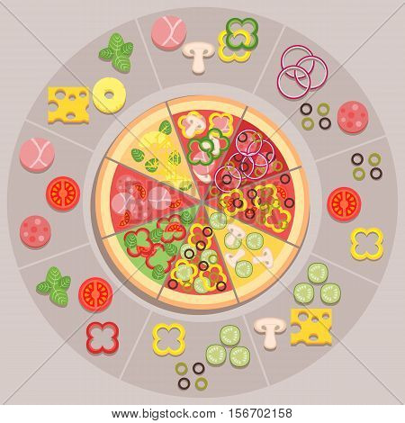 Vector illustration of different kinds of pizza with ingreients for pizzeria or delivery service.