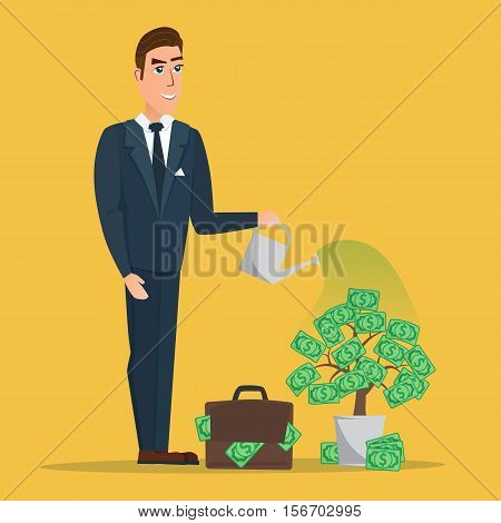 Businessman watering a money tree. Vector creative color illustrations flat design in flat modern style.