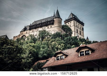 Karlstejn Castle a large medieval gothic castle. Karlstejn village Czech Republic.