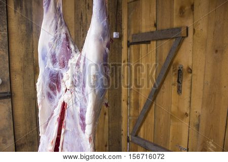 Part of sheep carcasses in the background of the boards