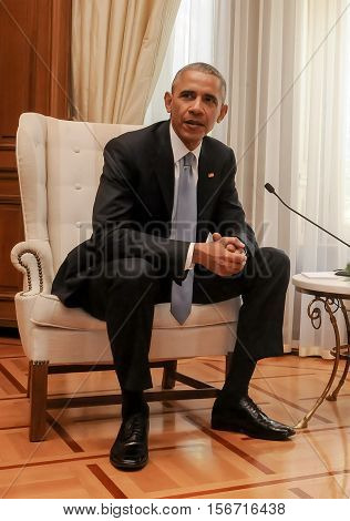 Athens Greece November 15 2016: U.S. President Barack Obama during of meeting with the Greek Prime Minister Alexis Tsipras with at Maximos Mansion in Athens