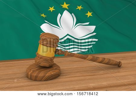 Macanese Law Concept - Flag Of Macau Behind Judge's Gavel 3D Illustration