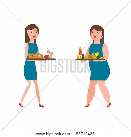 Fat and thin women with lunch tray with healthy and junk food in flat style. Vector illustration