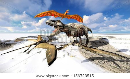 Flying pterodactyl over the land 3d illustration